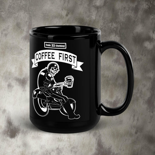 Coffee First Black Glossy Mug
